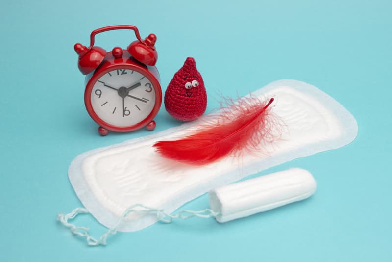 A menstrual pad with a red feather on it to indicate blood from a period