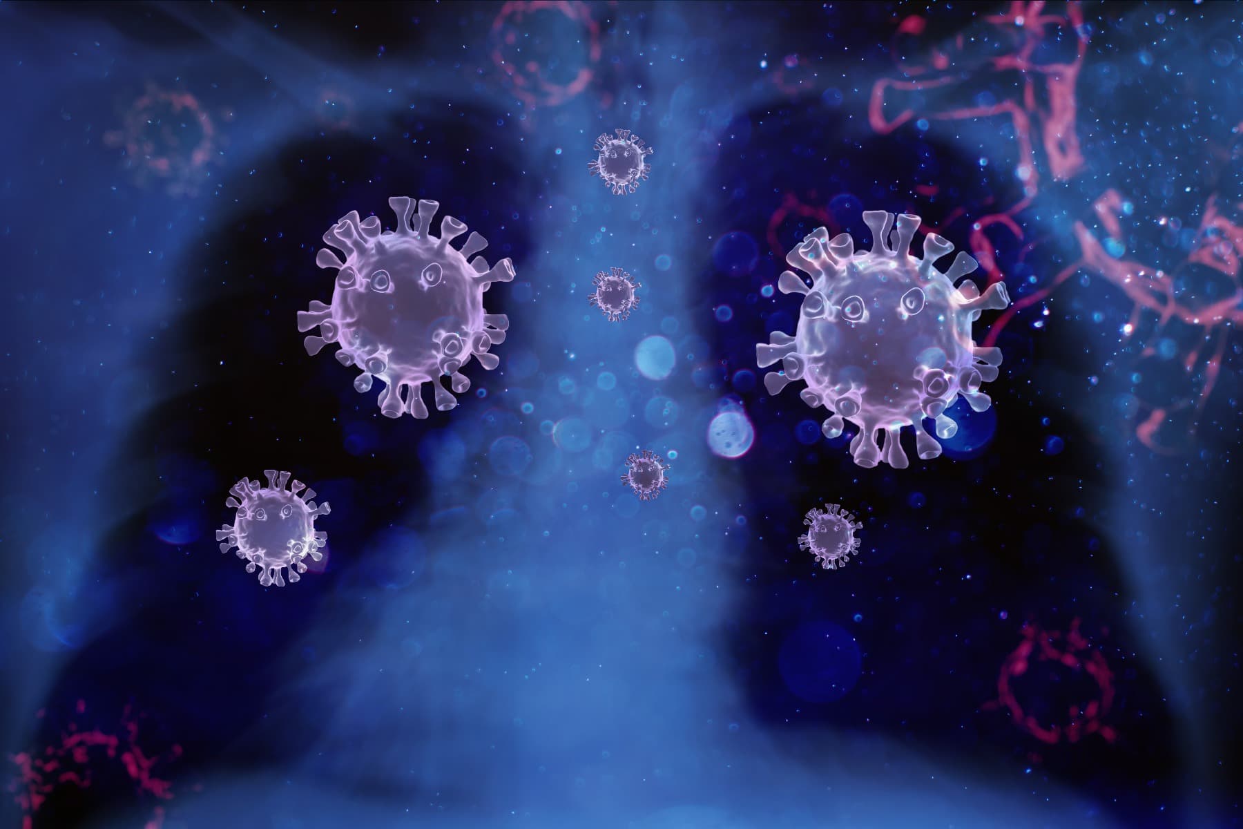 x ray image of coronovirus / COVID-19 molecule floating around in the lungs