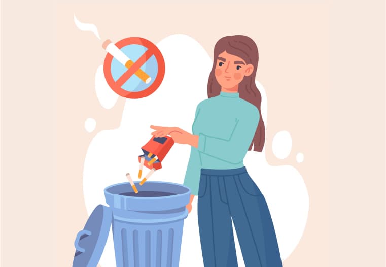 An illustration of a lady quitting smoking by throwing cigarettes in the rubbish bin