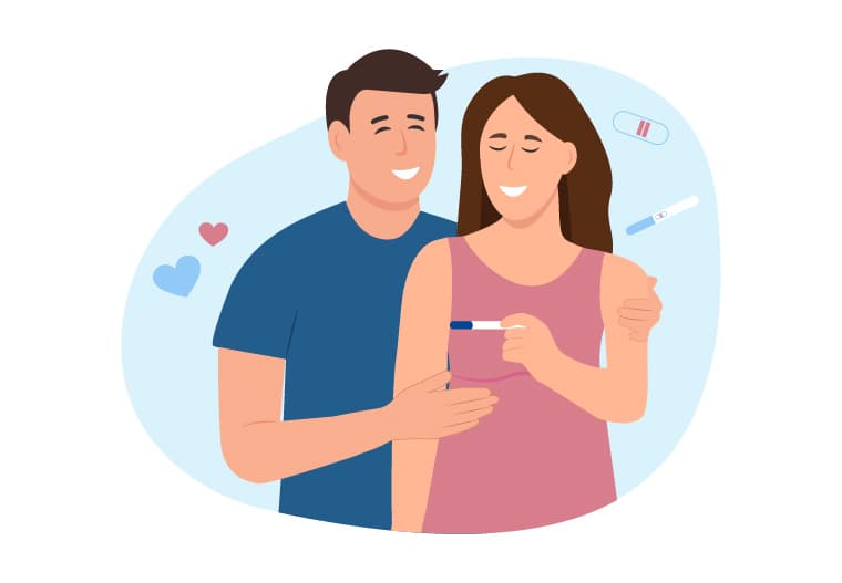An illustration of a heterosexual couple smiling whilst looking at a positive pregnancy test