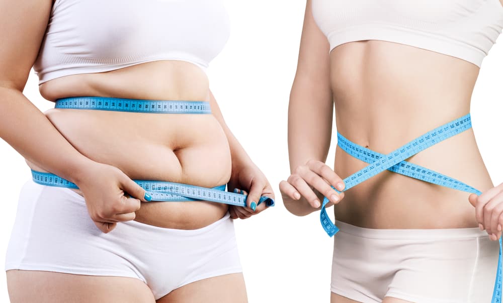 Two female bodies with a tape measure around their stomachs to measure their waistlines