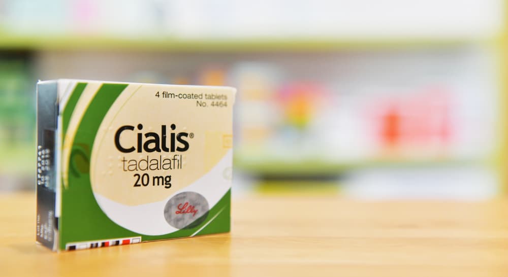 Cialis (tadalafil) tablets on a counter