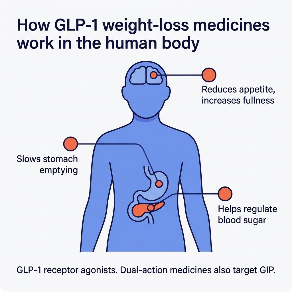 Diagram of a human figure showing how GLP-1 weight-loss medicines act in three places: the brain to reduce appetite, the stomach to slow emptying, and the pancreas to help regulate blood sugar.
